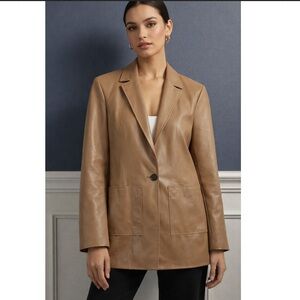 Deveaux Camel Vegan Leather Blazer Tailored Single Button Jacket